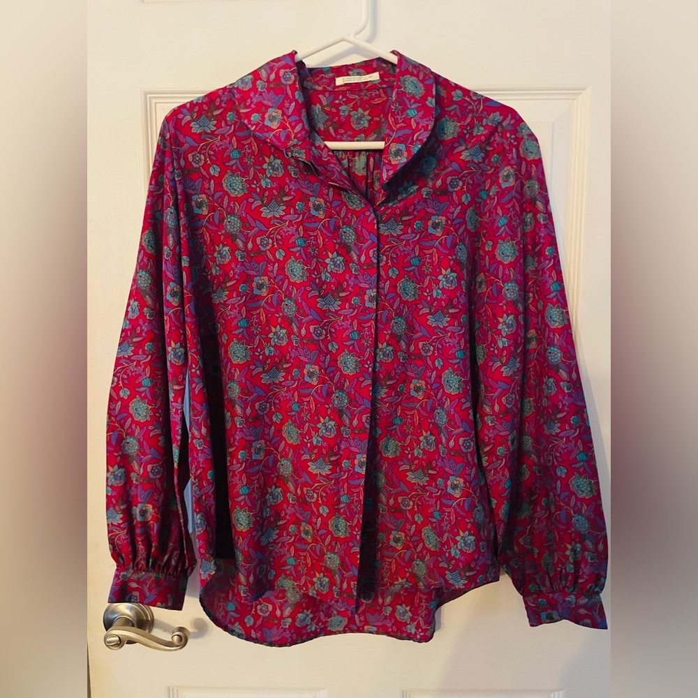 Vintage Women's Floral Button-Up Blouse in Fuchsia and Teal